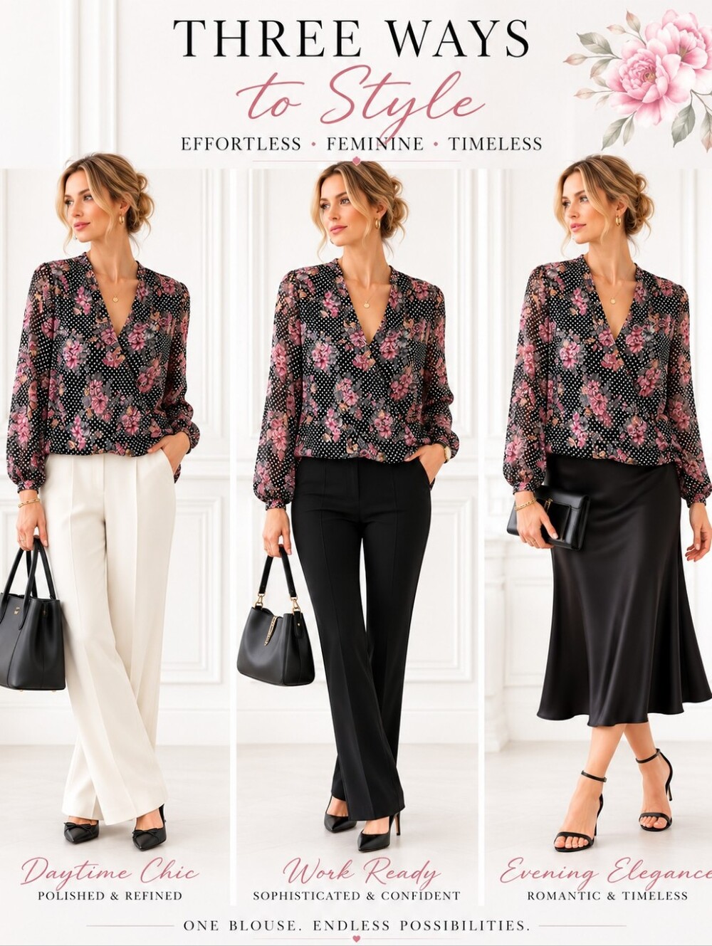 Bellatrix | Romantic Floral Semi-Sheer Wrap Blouse Black Pink | Size Medium - Picture 5 of 11